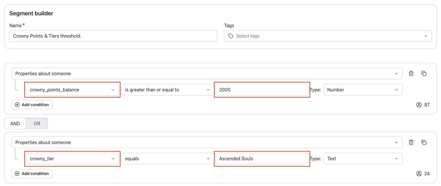 Crowny properties in the Klaviyo segment builder